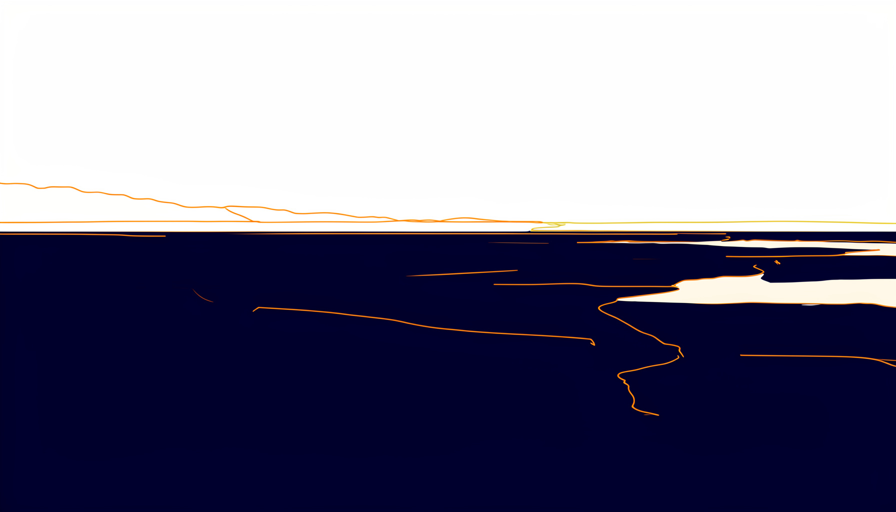 A wide line drawing of a calm Nordic coastline at dusk, deep navy water, pale sand, and a low gold horizon line drawn in minimal strokes.