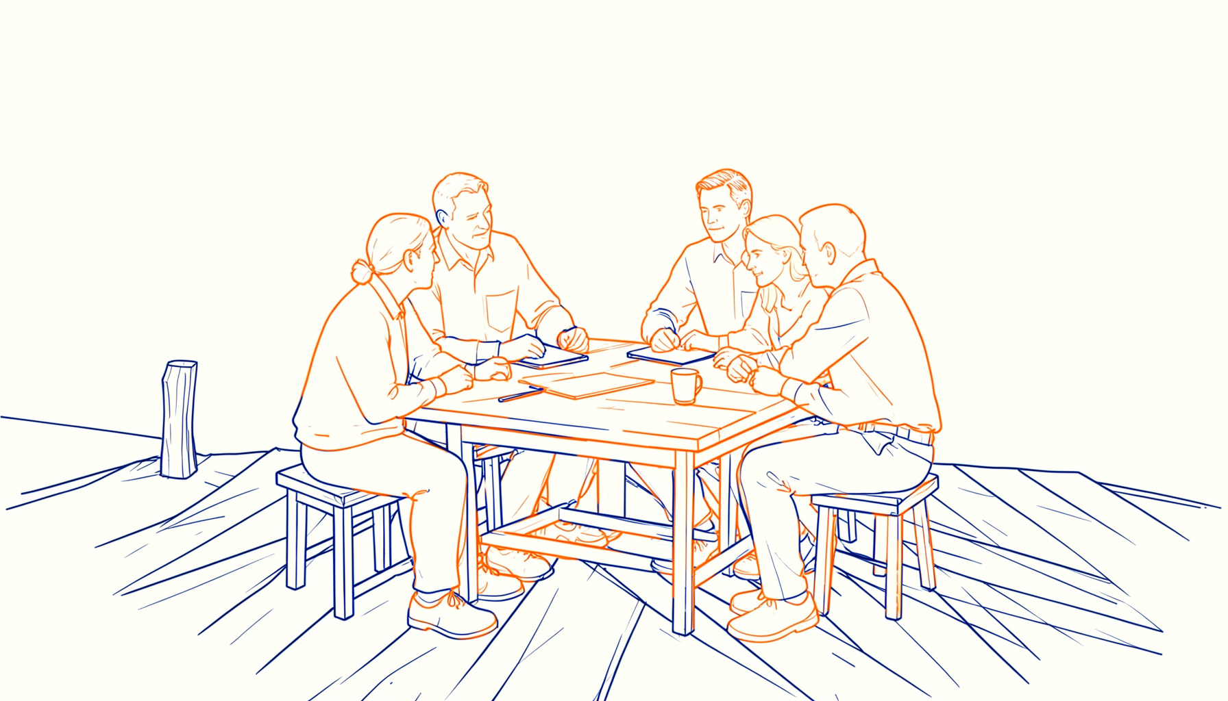 Minimal line illustration of a small research team gathered around a wooden table on a dock, drawn in soft navy strokes on cream.